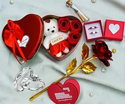 VALENTINE GIFT AllforSales  Valentine Gift Combo Set for Couple - Teddy Bear, RED Rose, Message Bottle & Couple Rings